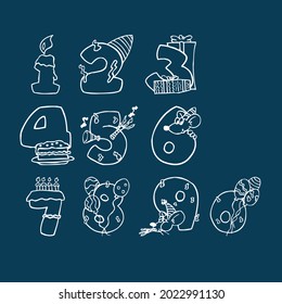 Set 10 Birthday Digits, sets of vector numbers or digits, one decorated as cakes for a kids birthday party and the second with geometric patterns including maths icons for calculation