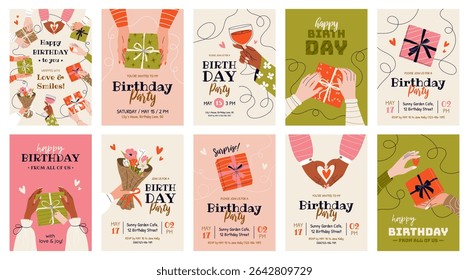 Set of 10 birthday greeting cards and party invitations. Festive vertical templates for celebrating an anniversary with text and wishes. Female hands holding gift boxes, bouquet of flowers, wineglass.