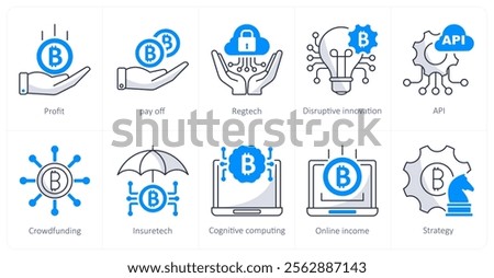 A set of 10 bitcoin icons as profit, pay off, regtech