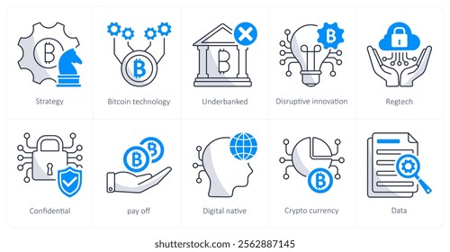 A set of 10 bitcoin icons as strategy, bitcoin technology, underbanked