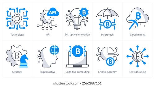 A set of 10 bitcoin icons as technology, api, dispurtive innovation