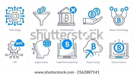 A set of 10 bitcoin icons as technology, converting, underbanked