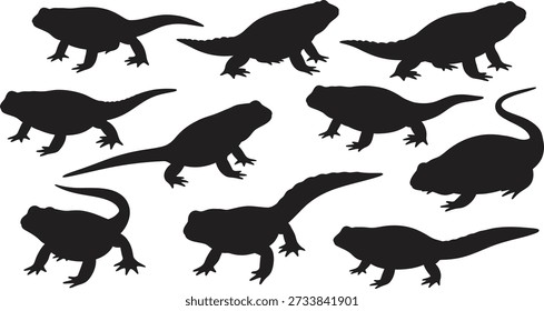 A set of 10 black dinosaur silhouettes in different stances and profiles on a white background