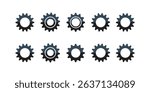 Set of 10 Black Gear Icons with 3D Effect — Minimalist Mechanical Symbols in Two Rows on White Background