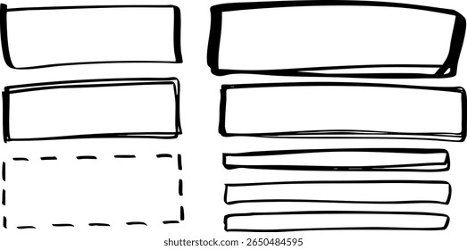 Conjunto de 10 quadros de marcador retangular preto desenhados à mão. Inclui estilos esboçados, tracejados e empilhados. Ideal para anotações, anotações de interface do usuário, destaques e caixas de texto no design