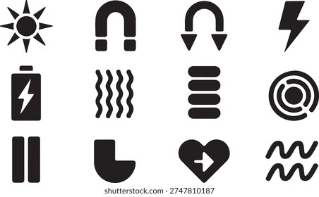 A set of 10 black icons representing electricity, magnetism, and electronics on a plain gray background