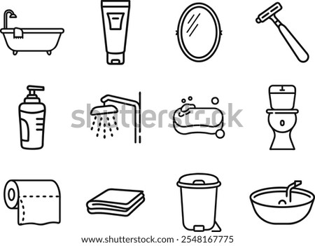 A set of 10 black line icons depicting common bathroom items, including a bathtub, soap, mirror, razor, shower, toilet, lotion, towel, trash can, and sink.