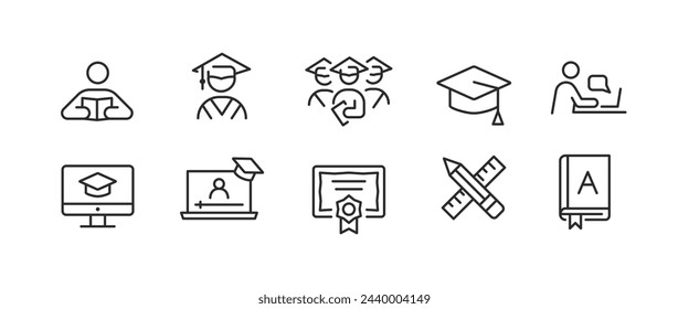 Set von 10 schwarzen Umrisssymbolen, die Bildung, Studium, Universität, Prüfung, Hochschule, Lernen und Abschluss darstellen. Verwendung für Web-, Mobil- und Werbematerialien. Vektorgrafik