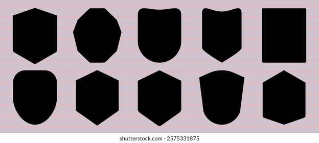 Set of 10 black shield shapes on a lined background. Shields vary in design, with curved and angular edges. Ideal for logos, icons, or design templates. Element vector set.