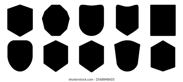 Set of 10 black shield silhouettes, various shapes. Shield icons, shield designs, shield symbols. Perfect for logos, graphics, and protective themes. Element vector set.