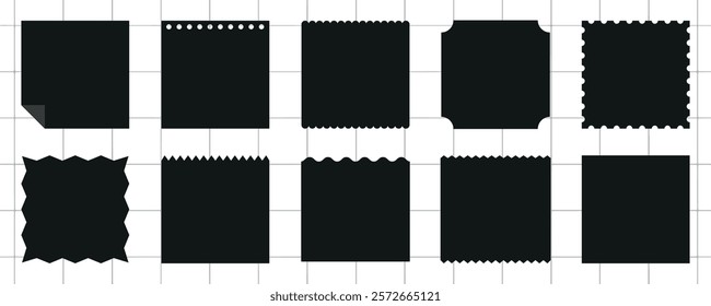 Set of 10 black silhouette stamps with various edges. Stamps feature zigzag, scalloped, and wavy edges. Perfect for design, crafting, and decoration. Memo element vector set.