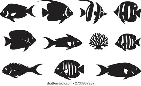 Un conjunto de 10 siluetas negras de diferentes peces y algas sobre un fondo blanco