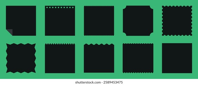 Set of 10 black square frames on green background. Each frame has a unique border design. Frames are ideal for design projects, crafts, and decoration. Memo element vector set.