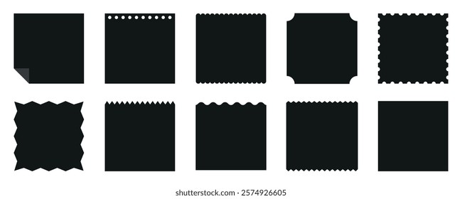 Set of 10 black square silhouettes with various edges. Different square edges, including zigzag, scalloped, and straight. Square shapes with unique borders. Memo element vector set.