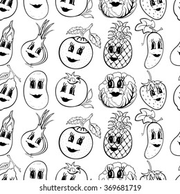 Set of 10 black and white funny cartoon vegetables and fruit isolated on a white background. Vector illustration