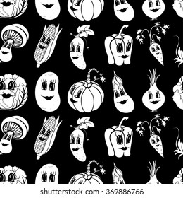 Set of 10 black and white funny cartoon vegetables isolated on a black background. Vector illustration