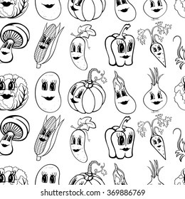 Set of 10 black and white funny cartoon vegetables isolated on a white background. Vector illustration