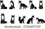 A set of 10 black and white illustrations of foxes in different sitting and standing poses