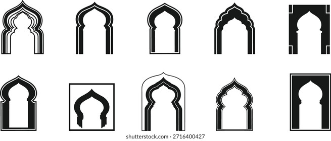Eine Sammlung von 10 schwarz-weißen Illustrationen verschiedener gotischer Bögen und Fenster