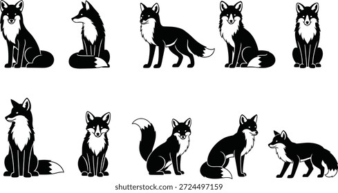 A set of 10 black and white illustrations of foxes in different sitting and standing poses
