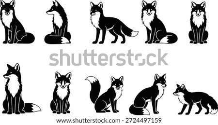 A set of 10 black and white illustrations of foxes in different sitting and standing poses