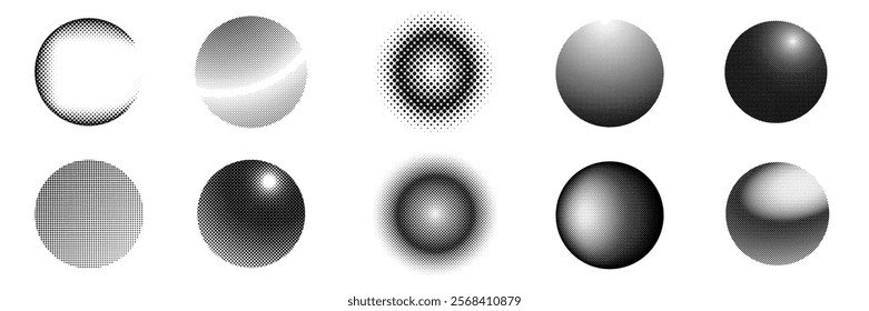 Set of 10 black and white spheres with various gradients and halftone patterns. Each sphere has unique shading and texture, creating diverse visual effects. Halftone shapes, element vector set.