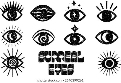 Set of 10 black and white vector eyes with surreal designs and textured woodblock print style. Ideal for tattoos, posters, album covers, or mystical graphic projects.