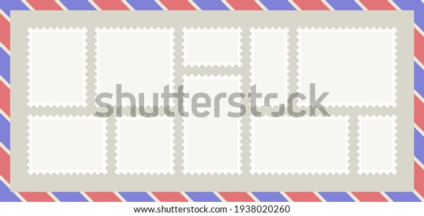 set of\
10 blank postage stamps on envelope\
background