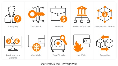 A set of 10 Blockchain icons as anonymity, encryption, portfolio