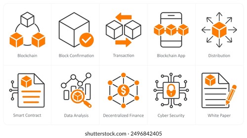 Un conjunto de 10 iconos de blockchain como blockchain, confirmación de bloque, transacción
