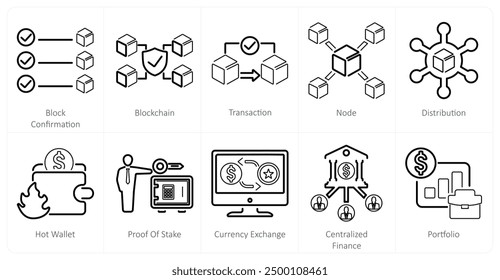 A set of 10 blockchain icons as block confirmation, blockchain, transaction