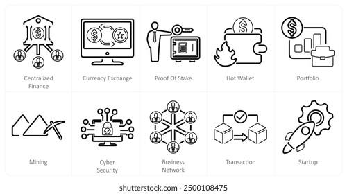 A set of 10 blockchain icons as centralized finance, currency exchange, proof of stake