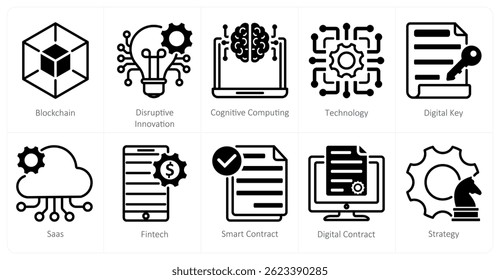 A set of 10 blockchain icons as blockchain, disruptive innovation, cognitive computing