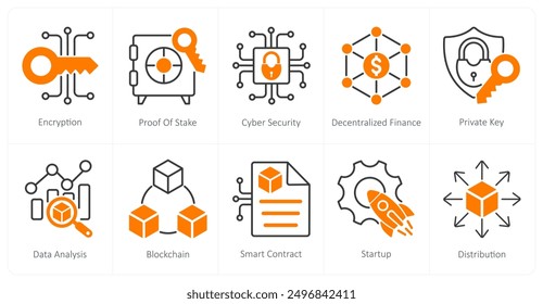 A set of 10 Blockchain icons as encryption, proof of stake, cyber security