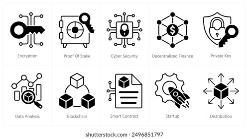 A set of 10 Blockchain icons as encryption, proof of stake, cyber security