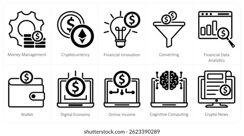 A set of 10 blockchain icons as money management, cryptocurrency, financial innovation