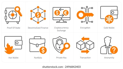 A set of 10 Blockchain icons as proof of stake, decentralized finance, cryptocurrency exchange