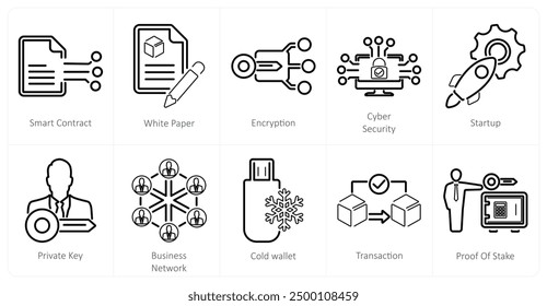 A set of 10 blockchain icons as smart contract, white paper, encryption