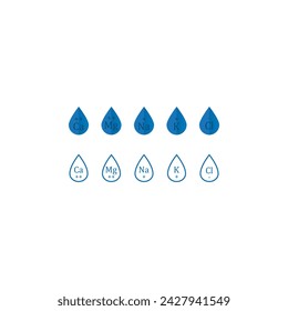 Conjunto de 10 elementos de icono de electrolito azul - calcio, potasio, cloro, magnesio, sodio - para utilizar en el producto, diseño web, publicidad y más.