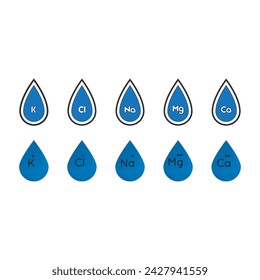 Set of 10 blue electrolyte icon elements - Calcium, Potassium, Chlorine, Magnesium, Sodium - to use in product, web design, advertisement and more.