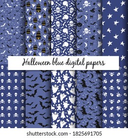 Set of 10 blue Halloween seamless pattern. Endless background, wallpaper, wrapping, packaging, texture, paper. Vector illustration in flat style.