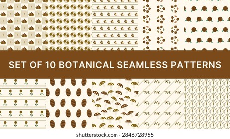 Set of 10 botanical seamless patterns in coordinated colors: lotus flower checker, pressed flower paired, berry cluster stripe and more. Every tile repeats perfectly for backgrounds and textiles.