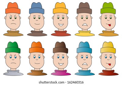 Set of 10 boy heads in 5 different moods