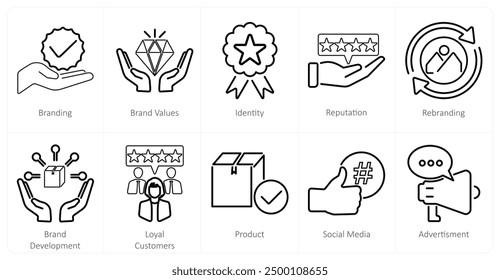 A set of 10 branding icons as branding, brand values, identity