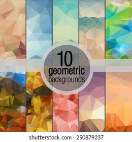 Set of 10 bright abstract geometric backgrounds. Polygonal vector design. Colorful mosaic of triangles.