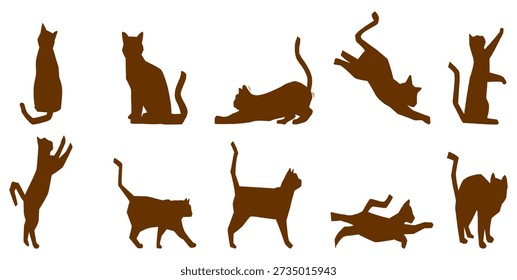 Set of 10 brown cat silhouettes in different poses. Hand drawn feline icons including jumping and sitting positions for pet-related branding and creative graphic design.