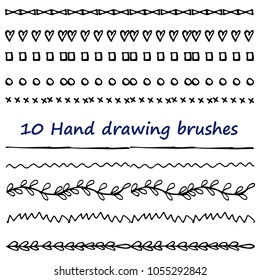 A set of 10 brushes. Hand drawing. Barbed. Flower. For your design. Circuit.