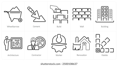 A set of 10 build icons as wheel barrow, cement, build