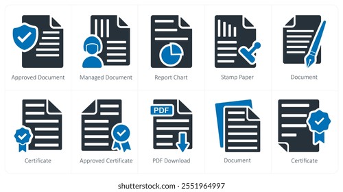 Um conjunto de 10 ícones de negócios como documento aprovado, documento gerenciado, gráfico de relatório