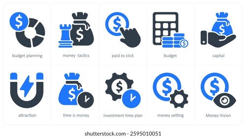 A set of 10 business icons as budget planning, money tactics, paid to click